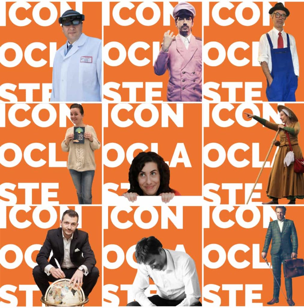 Mosaïque des invités du podcast iconoclaste posant devant le titre ICONOCLASTE en lettres blanches sur fond orange