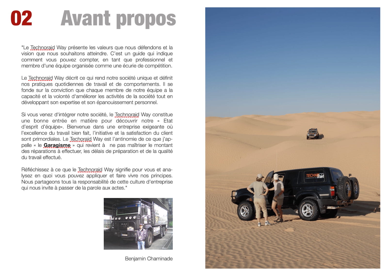 avant-propos du Technoraid Way, livret de culture rédigé par Benjamin Chaminade avec une photo de véhicules de raid dans le désert, exemple de storytelling interne