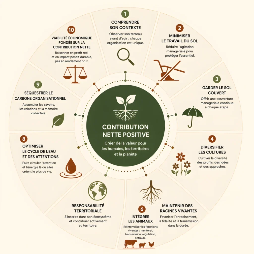 Diagramme circulaire des dix principes du management régénératif organisés autour de la contribution nette positive