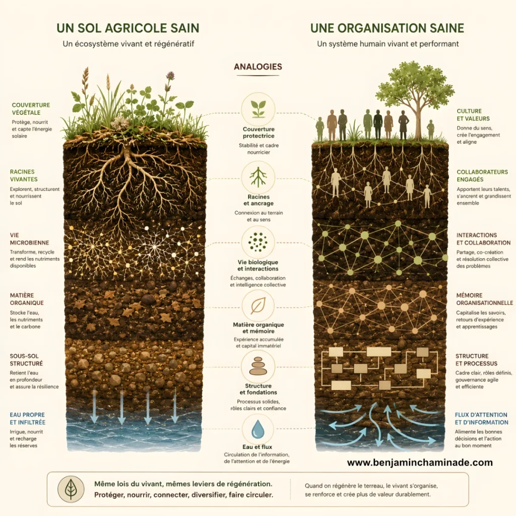 Champ agricole régénératif aux couverts multi espèces et bâtiment d'entreprise moderne en arrière plan, illustration du management régénératif inspiré de l'agriculture vivante