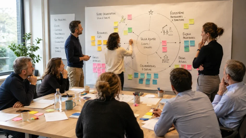 Atelier de diagnostic managérial en entreprise avec managers cartographiant collectivement leur terreau organisationnel