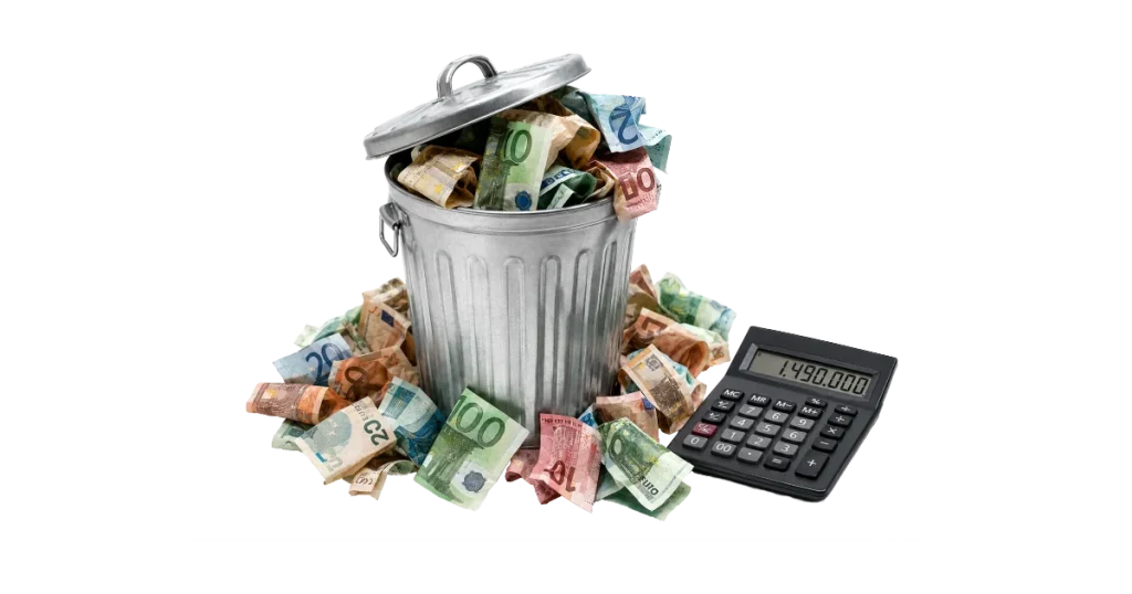 poubelle qui déborde d'argent gâché à cause du management extractif Illustration du coût du management extractif sur cent salariés