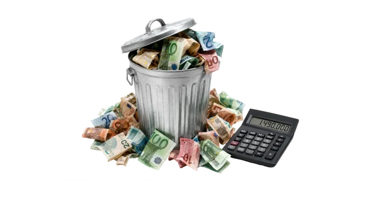 poubelle qui déborde d'argent gâché à cause du management extractif Illustration du coût du management extractif sur cent salariés