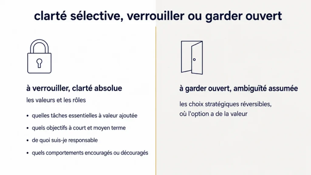 infographie distinguant ce qui doit être verrouillé, valeurs et rôles avec quatre questions, de ce qui doit rester ouvert, les choix stratégiques réversibles.