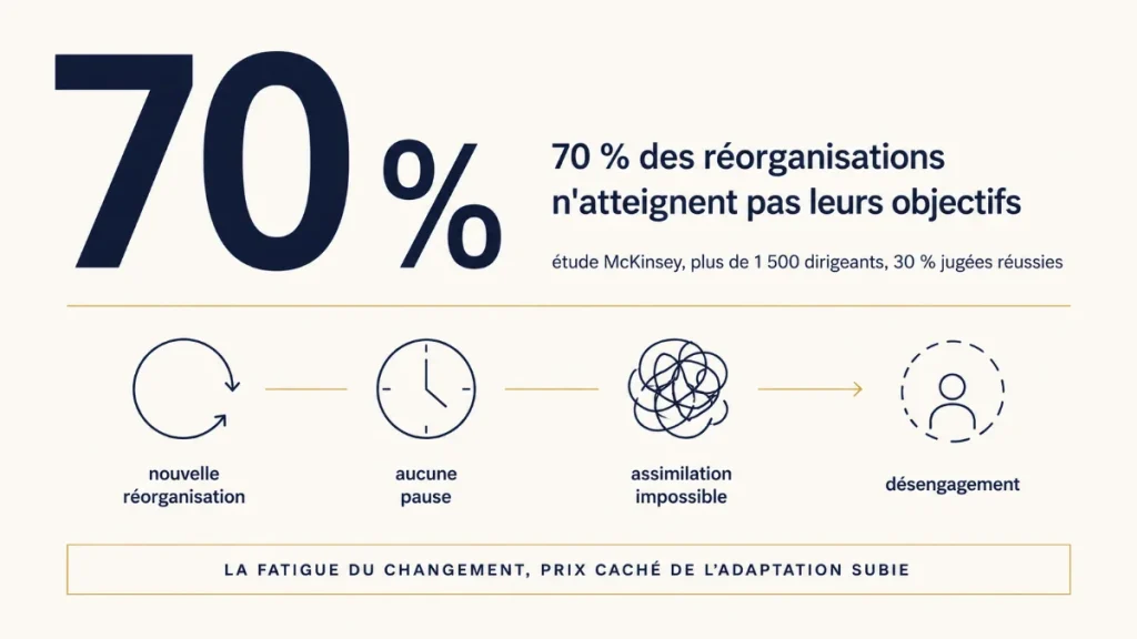 infographie indiquant que 70 % des réorganisations échouent selon McKinsey et détaillant le mécanisme de la fatigue du changement en quatre étapes