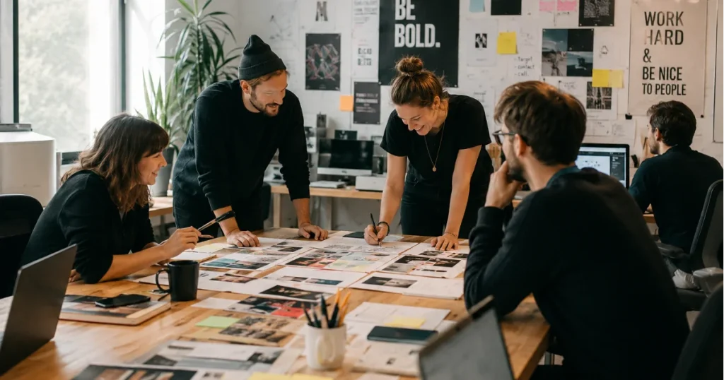manager d'une equipe creative au travail autour d'une table