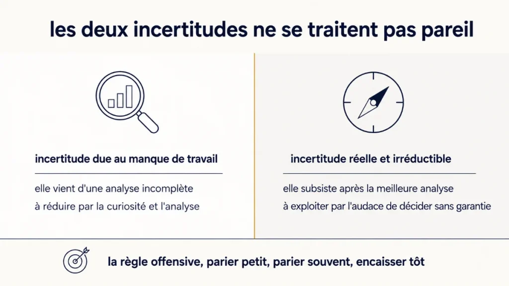 infographie opposant l'incertitude réductible par l'analyse à l'incertitude irréductible à exploiter par l'audace, avec la règle du petit pari