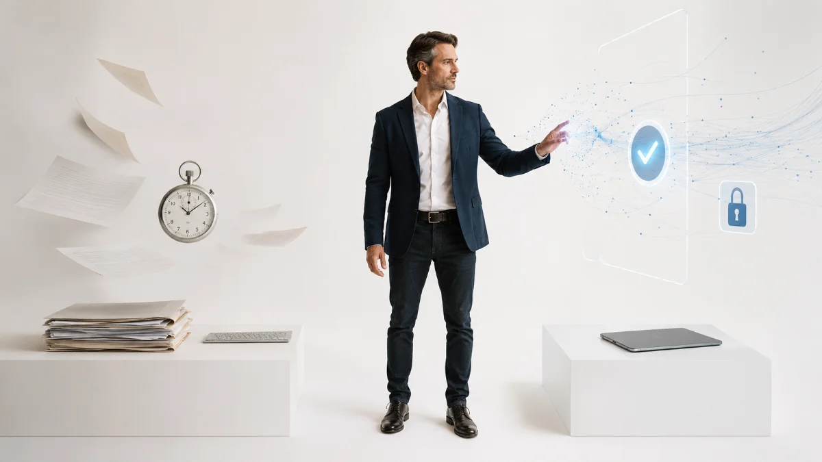 Homme sur fond blanc entre des dossiers papier et une interface numérique : un marché qui bascule avant que les chiffres ne le montrent