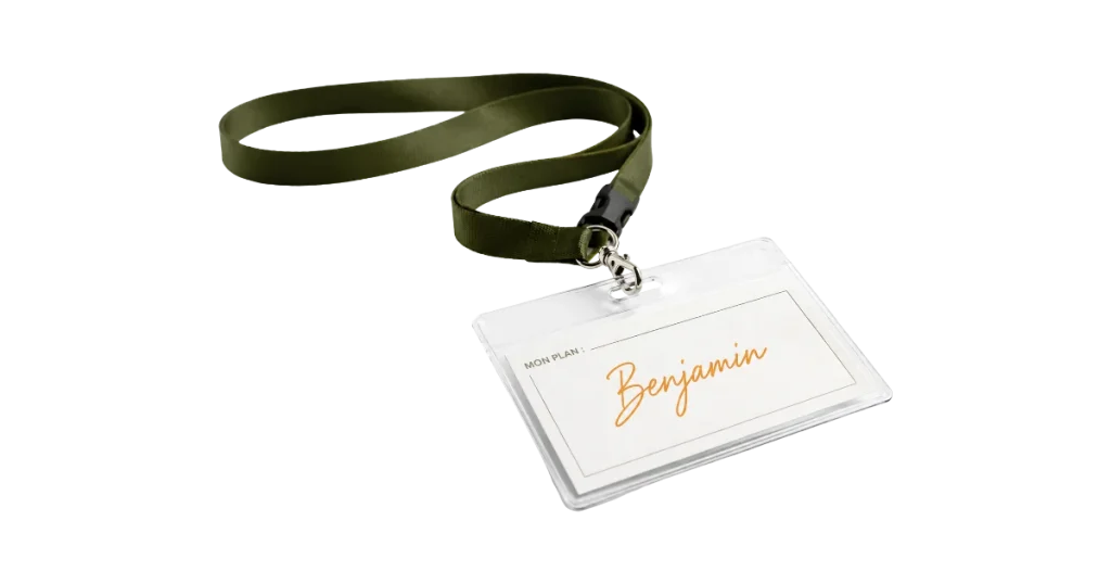 Speaker badge on a white background with the name space left blank beneath a printed topic line, for the plan to become a reference