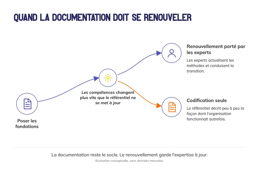 Schéma montrant la documentation qui se renouvelle grâce aux experts ou se fige par la seule codification