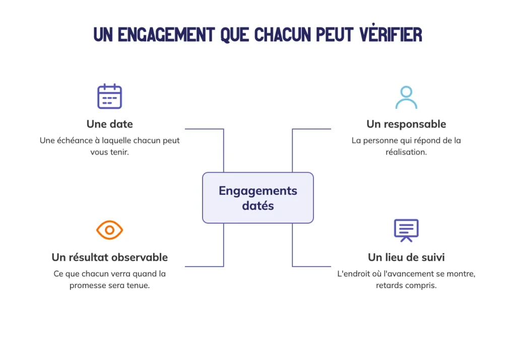 Schéma des quatre composantes d'un engagement daté : une date, un responsable, un résultat observable et un lieu de suivi