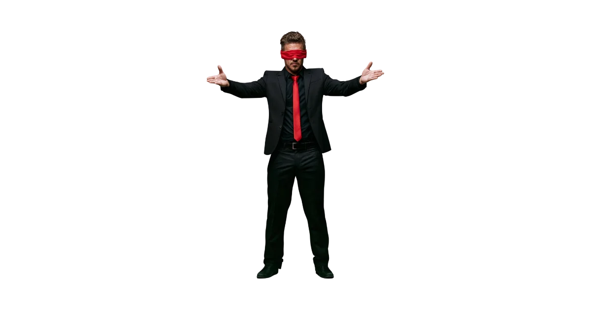 conférencier foulard sur les yeux qui ne sait pas comment va se dérouler sa première conférence payante