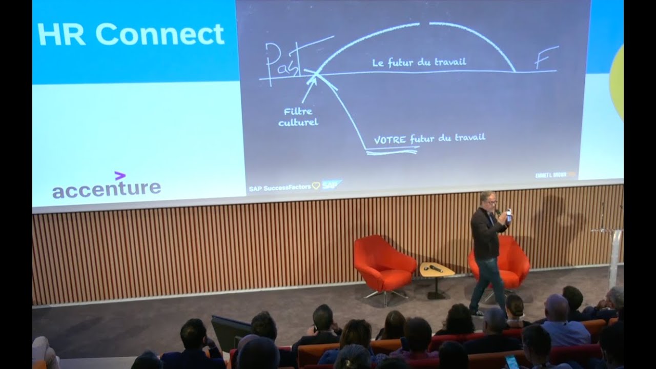 Benjamin Chaminade en conférence sur le futur du travail, devant le schéma du filtre culturel qui sépare le futur annoncé de votre futur du travail