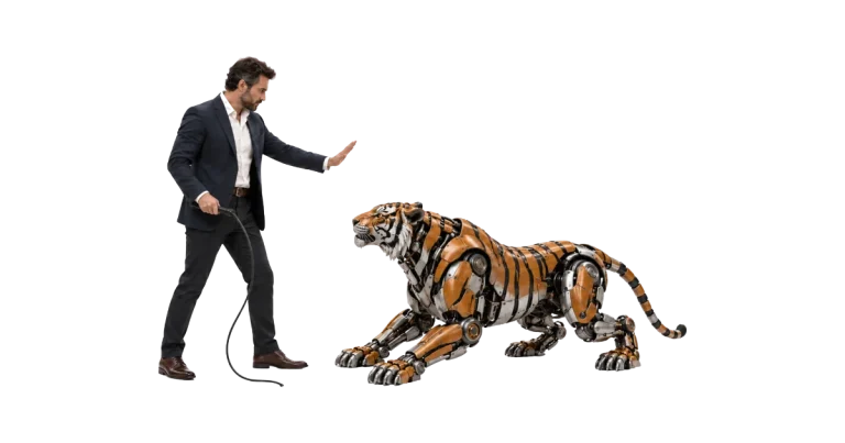 Homme en costume tenant un fouet et levant la main face à un tigre robotique accroupi, image de l'expert qui croit dompter l'IA qu'il entraîne