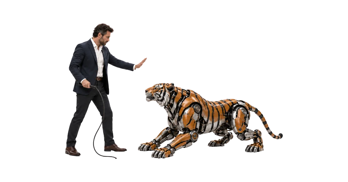 Homme en costume tenant un fouet et levant la main face à un tigre robotique accroupi, image de l'expert qui croit dompter l'IA qu'il entraîne