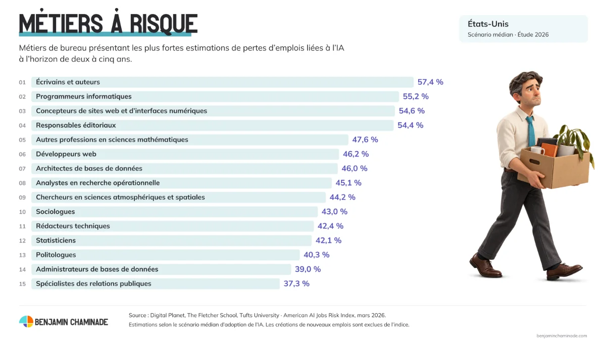 Classement des 15 métiers de bureau aux plus fortes pertes d'emplois estimées liées à l'IA aux États-Unis, écrivains et auteurs en tête à 57,4 %